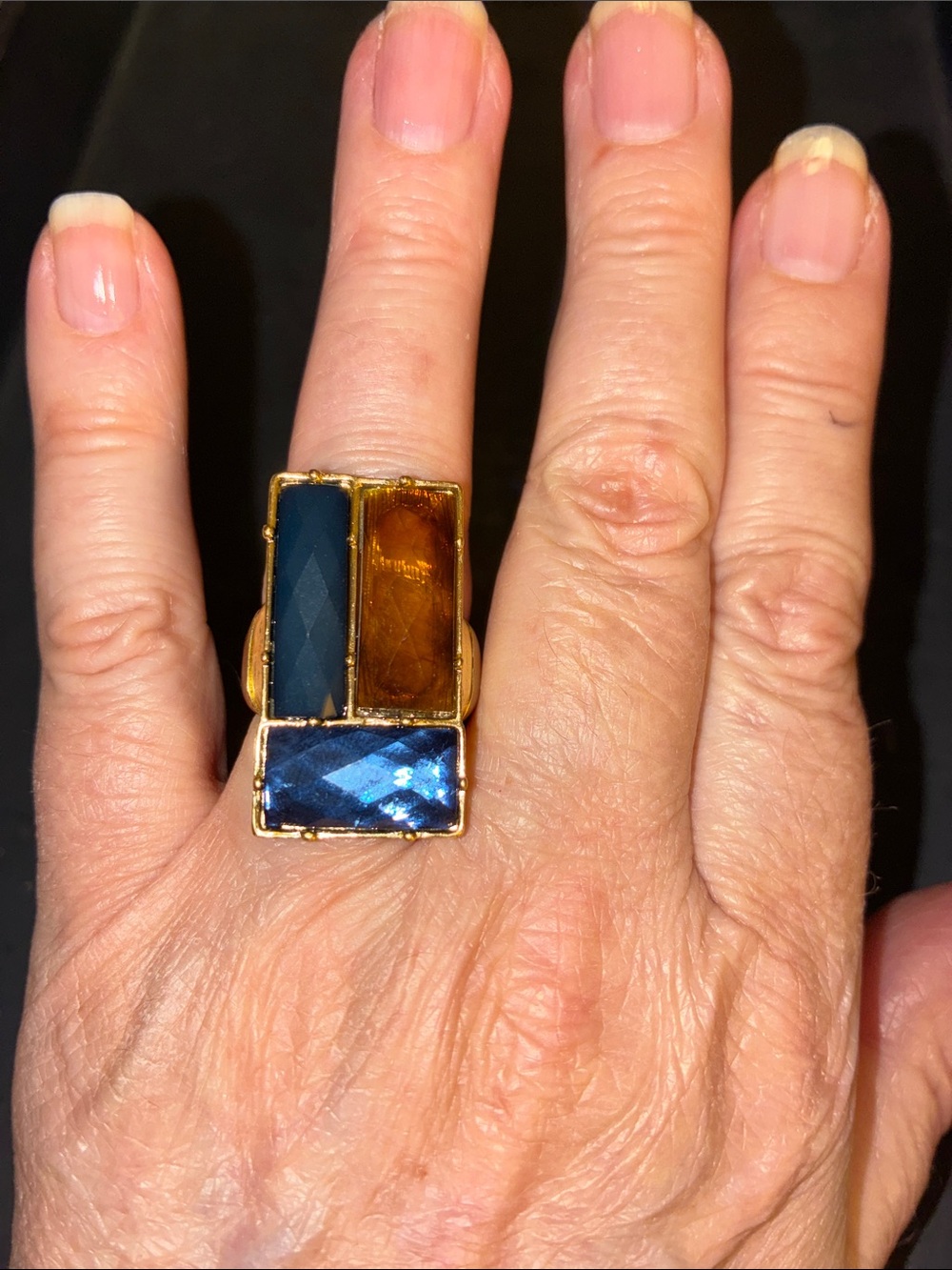 Gold-Tone Statement Stretch  Ring with Blue and Amber Gemstones